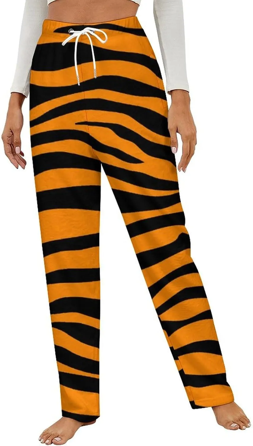 Tiger Orange Stripes Women's Flannel Pajama Pants Fleece Lounge Sleep Bottoms PJ