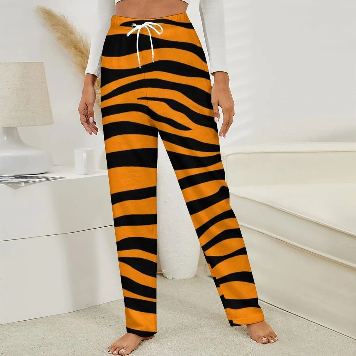 Tiger Orange Stripes Women's Flannel Pajama Pants Fleece Lounge Sleep Bottoms PJ
