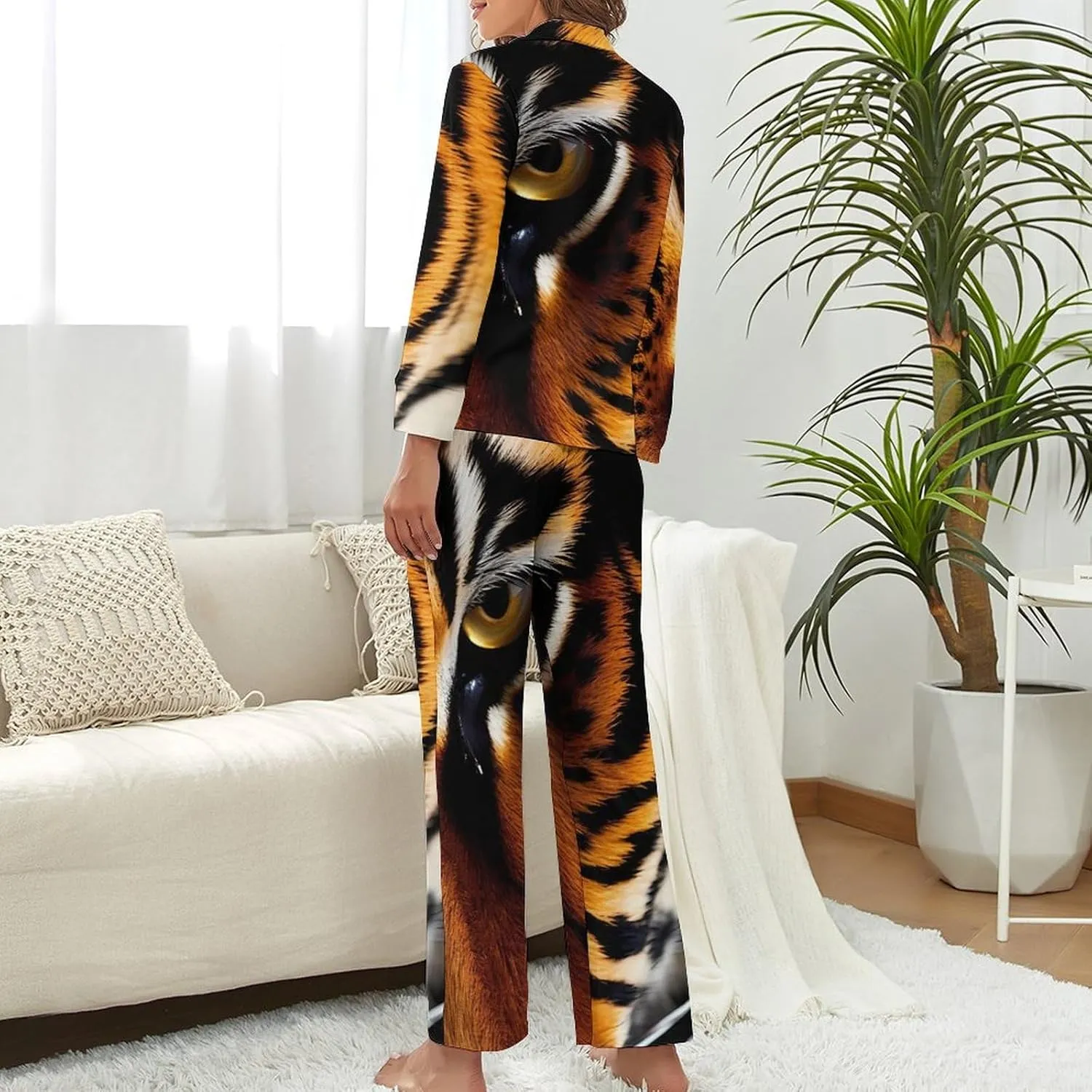 Tiger Womens Pajamas Satin PJ Set Button Down Loungewear Set 2 Piece Lounge Sets