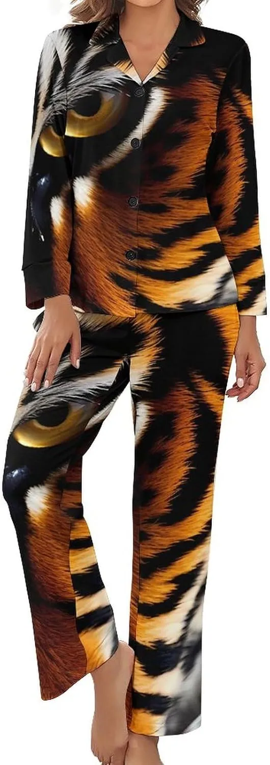 Tiger Womens Pajamas Satin PJ Set Button Down Loungewear Set 2 Piece Lounge Sets