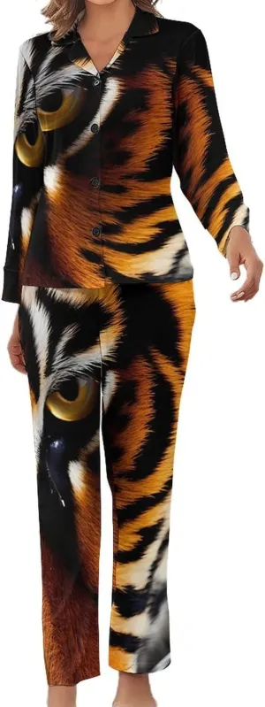Tiger Womens Pajamas Satin PJ Set Button Down Loungewear Set 2 Piece Lounge Sets