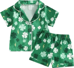 Toddler Girl Boy Easter Satin Pajamas Summer Fuzzy Bunny Print Button Down Shirt Shorts Girls Kids Silk Pajama Set