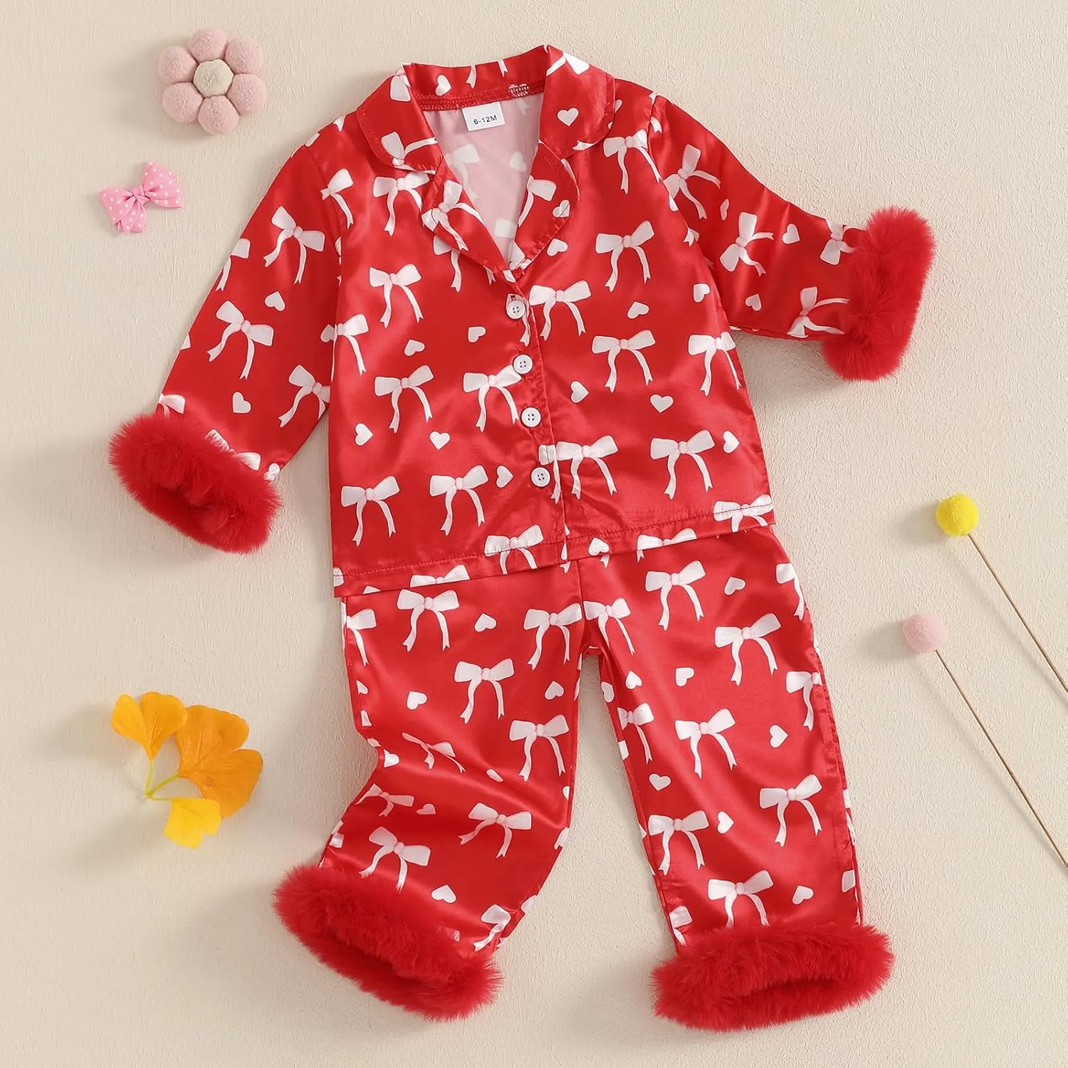 Toddler Girl Valentines Satin Pajamas Heart&Bow Print Button Down Shirt   Pants Little Kids Girls Silk Pajama Set