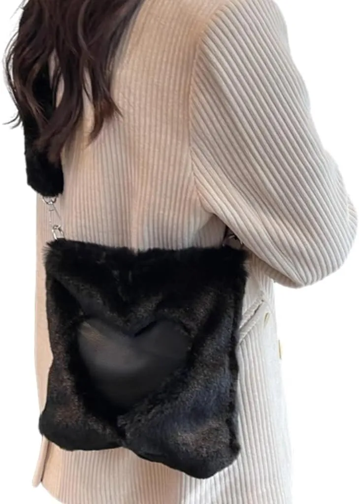 TQUXNGA Heart Pattern Shoulder Bag Winter Handbag Plush Bag for Women Girls Versatile