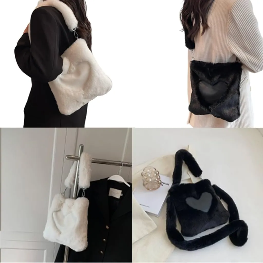 TQUXNGA Heart Pattern Shoulder Bag Winter Handbag Plush Bag for Women Girls Versatile