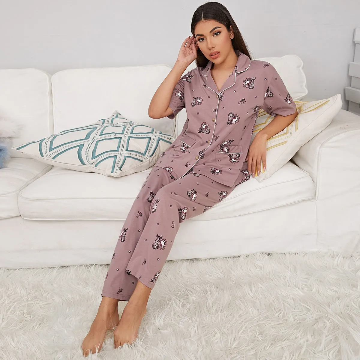 Tribal Print Dual Pocket PJ Set