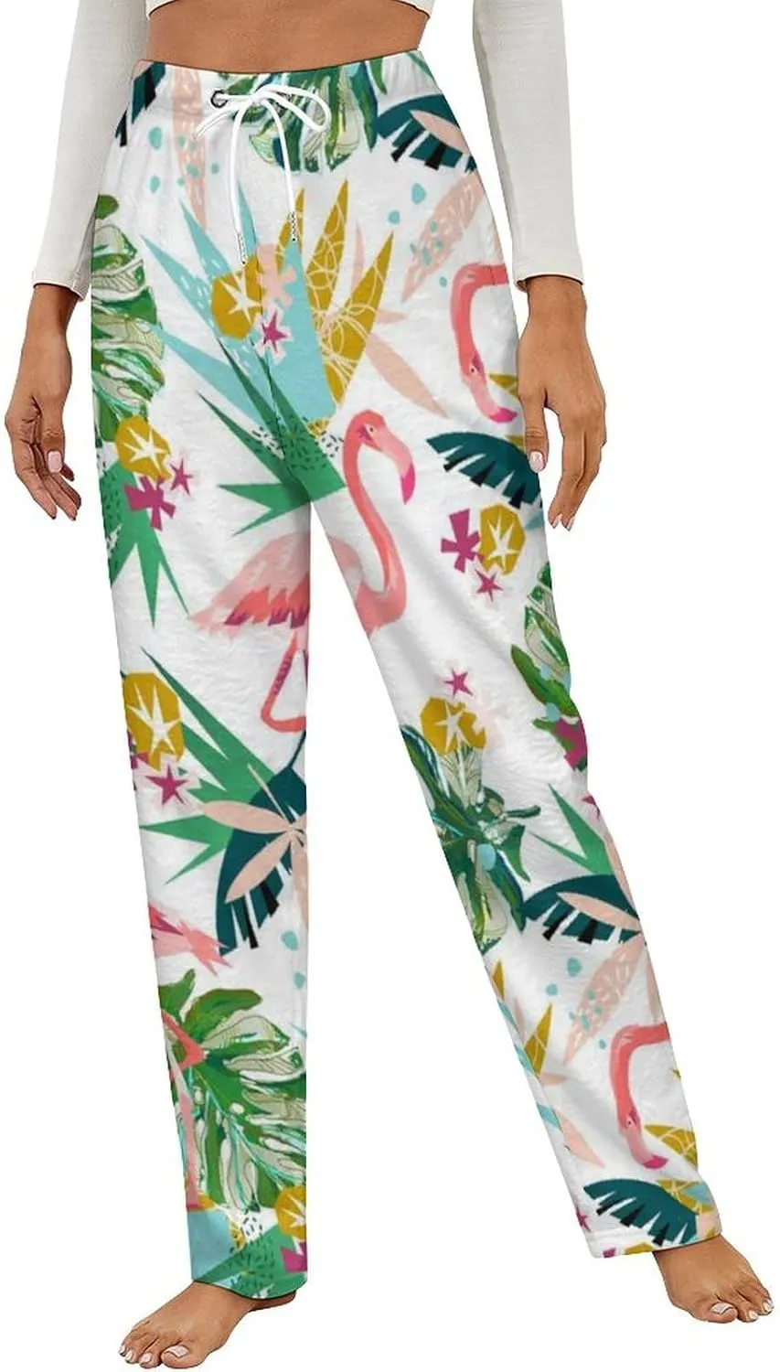 Tropical Pink Flamingo Women's Flannel Pajama Pants Fleece Lounge Sleep Bottoms PJ