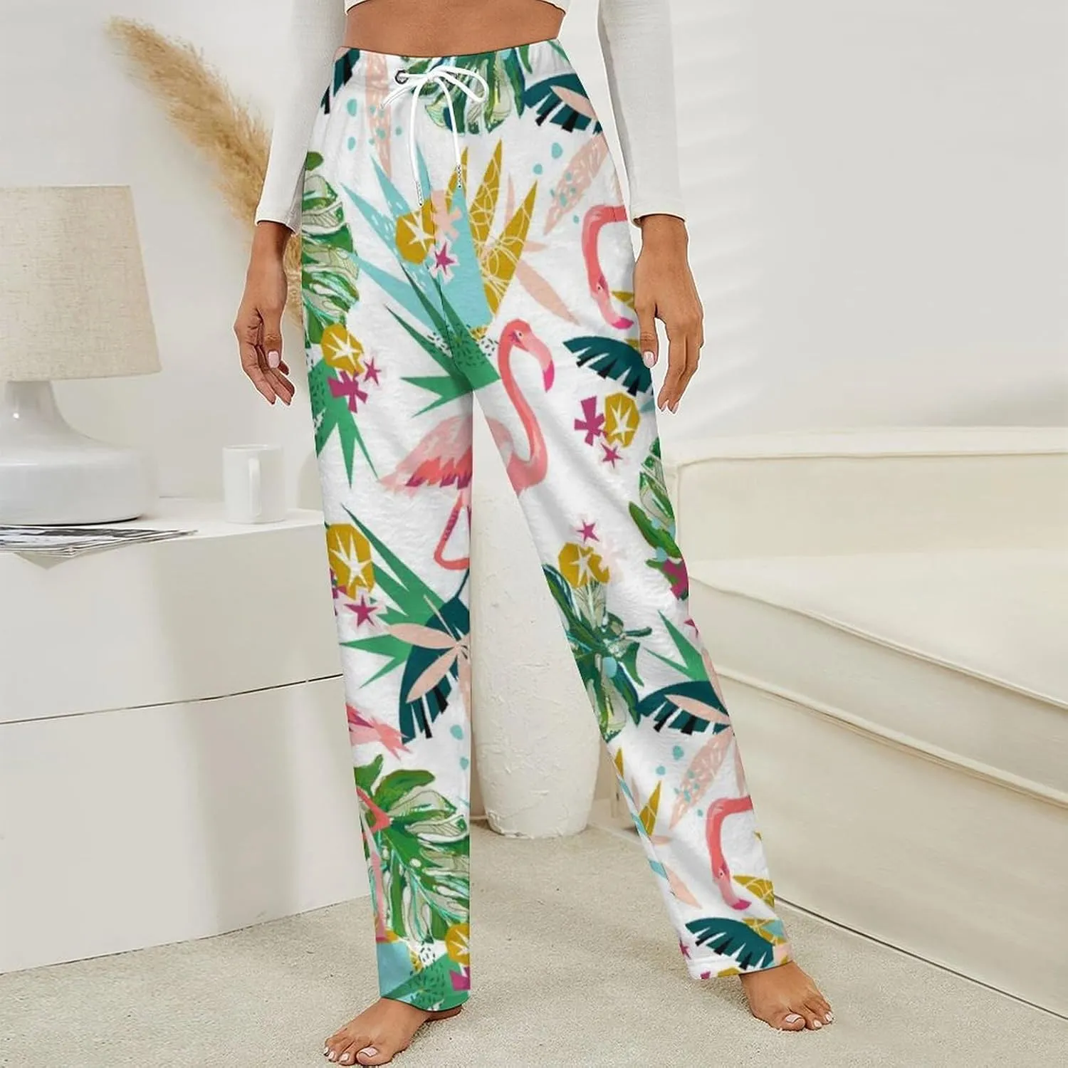 Tropical Pink Flamingo Women's Flannel Pajama Pants Fleece Lounge Sleep Bottoms PJ