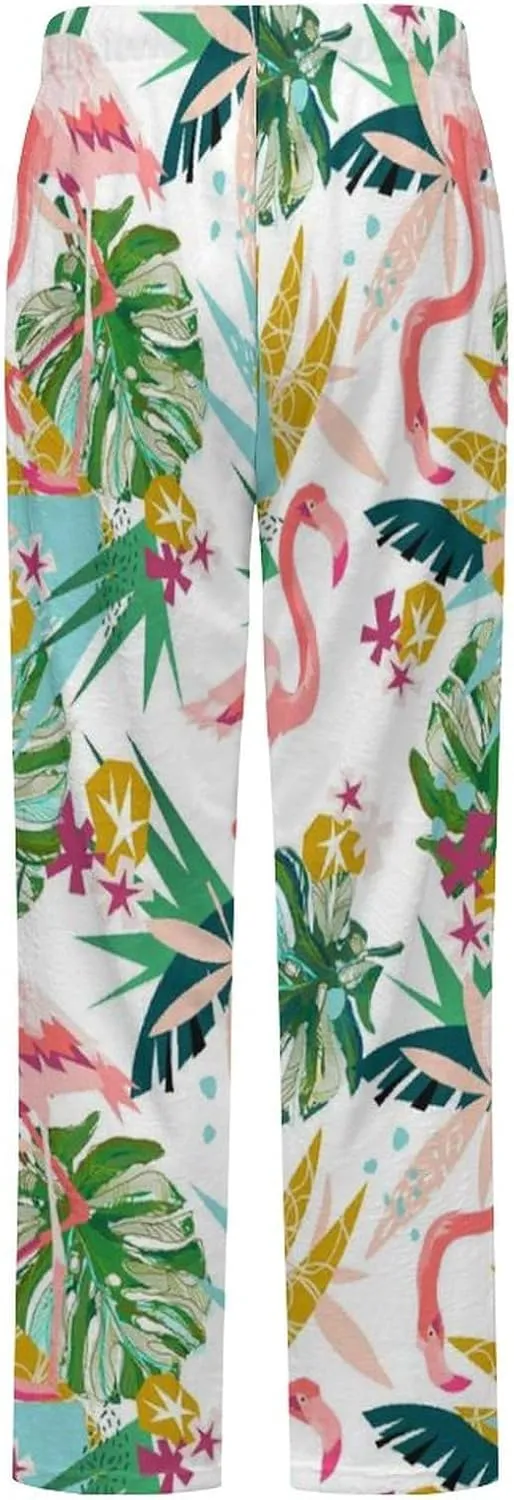 Tropical Pink Flamingo Women's Flannel Pajama Pants Fleece Lounge Sleep Bottoms PJ