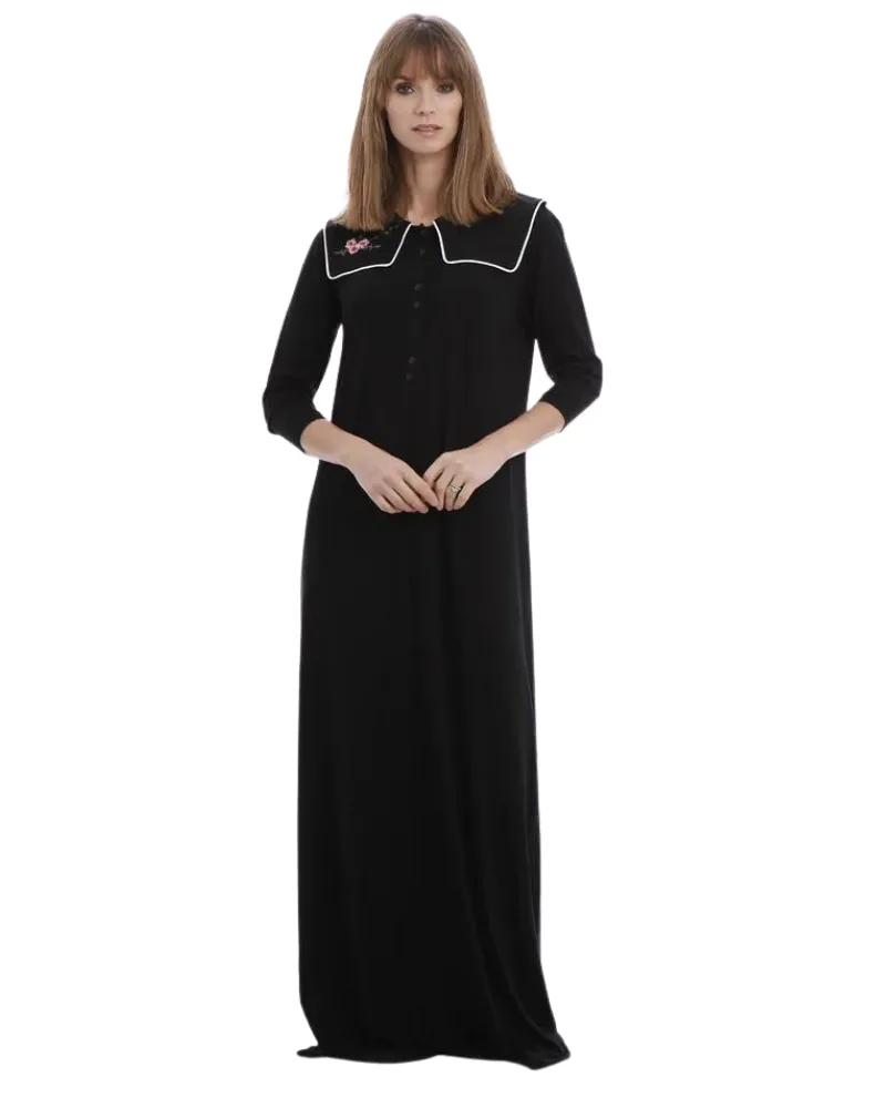 Tudor Embroidered Black Button Down Modal Nightgown &  Cardigan Set