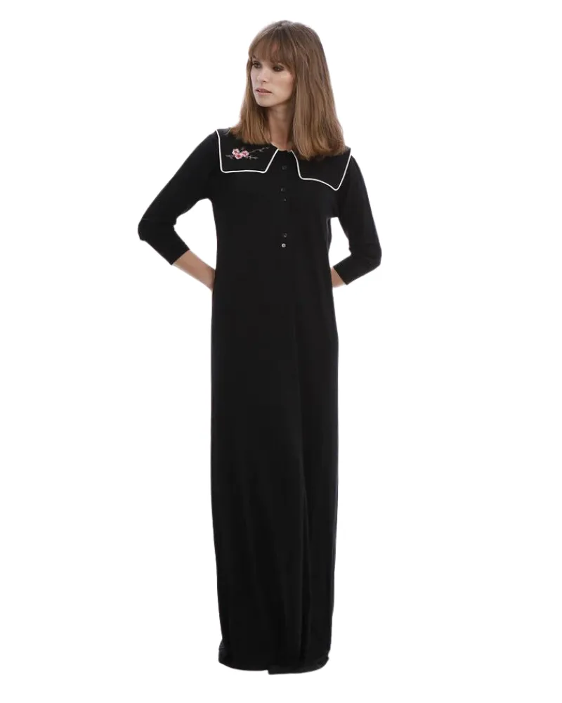 Tudor Embroidered Black Button Down Modal Nightgown &  Cardigan Set