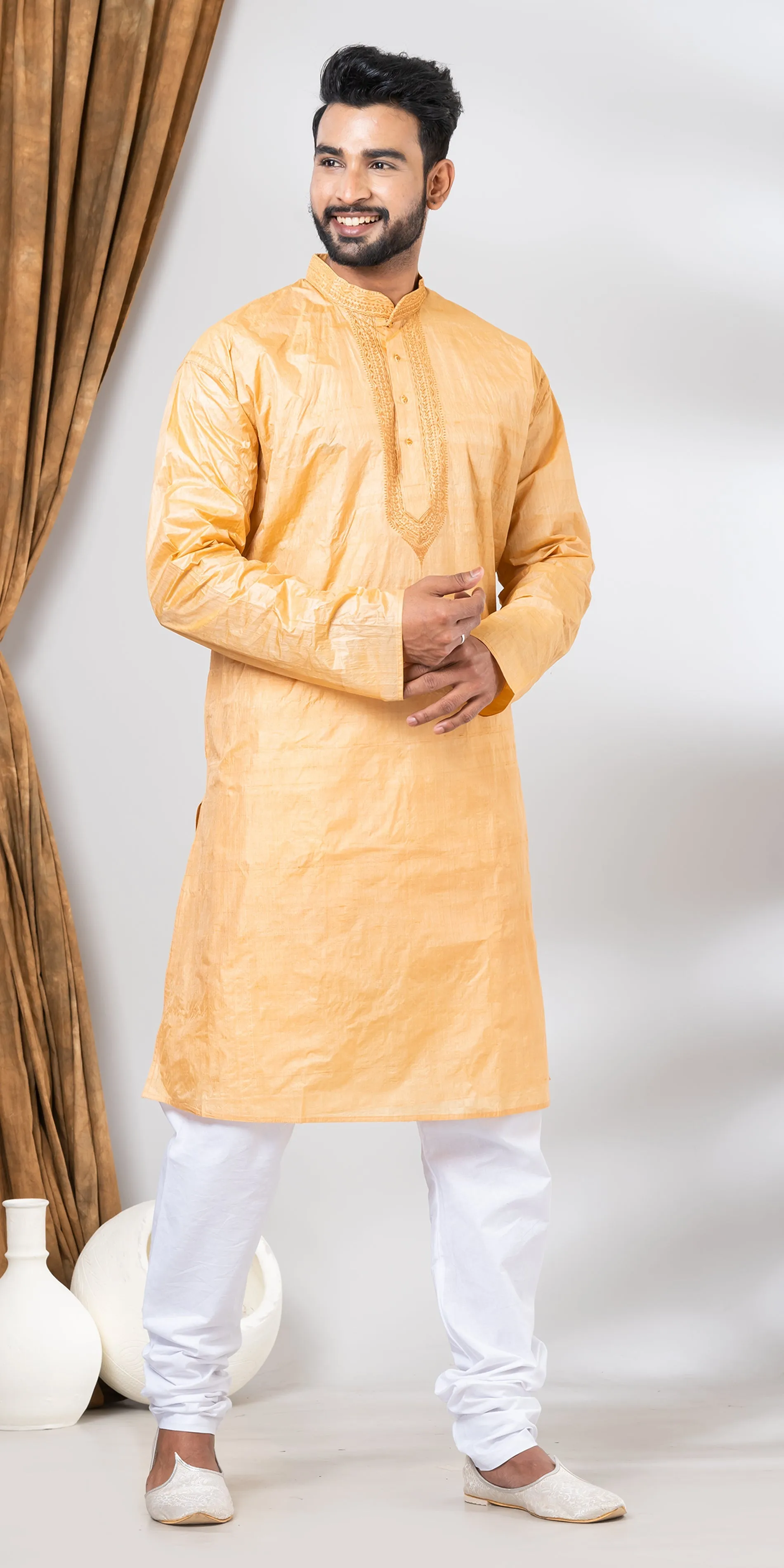Tussar Silk Kurta with Floral Embroidery- XL