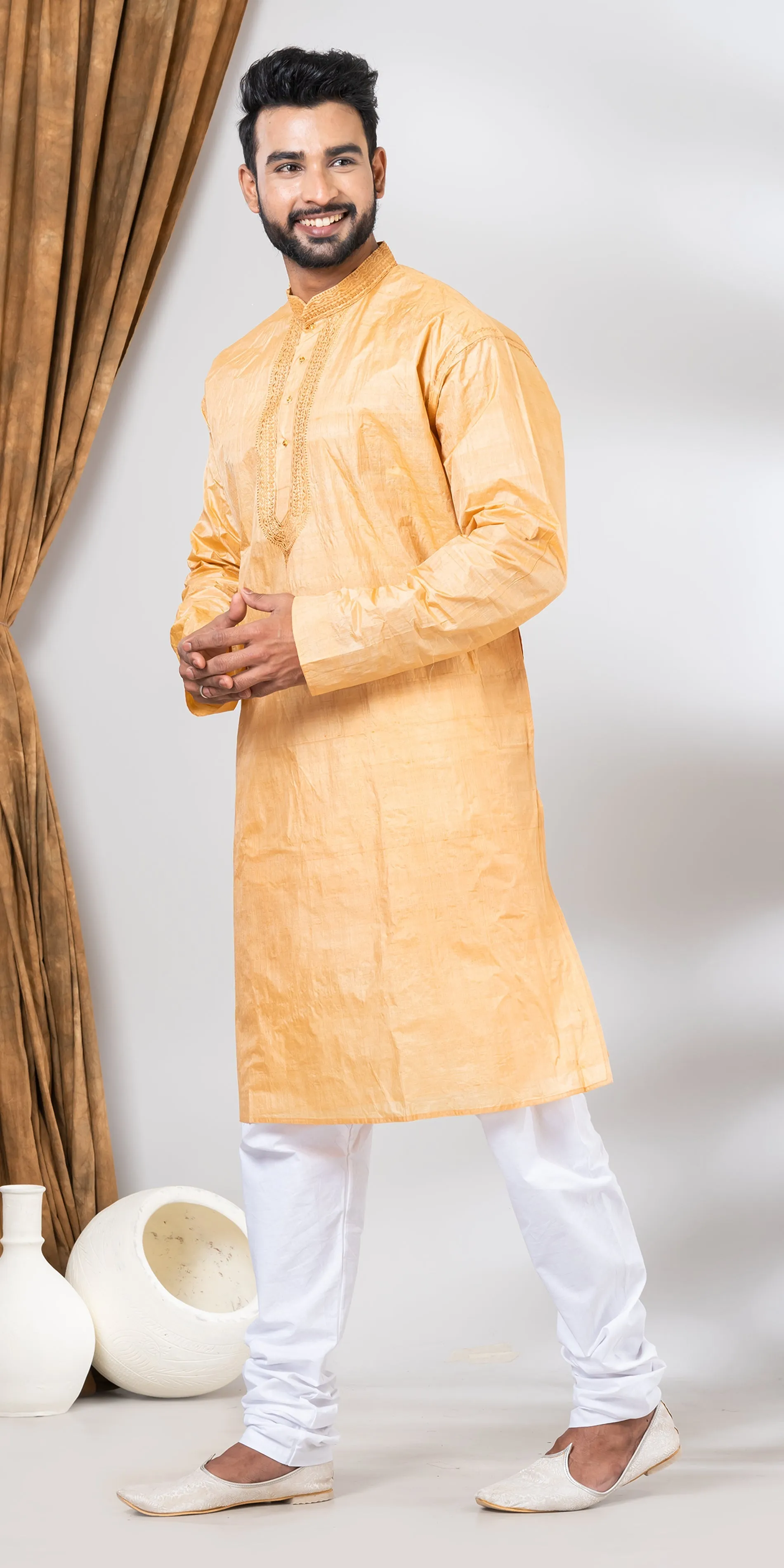 Tussar Silk Kurta with Floral Embroidery- XL