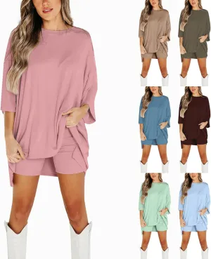 Two Piece Outfits for Women Summer Weekend Loungewear Sets Oversized Tee & Biker Short Set Ribbed Knitted Tracksuit