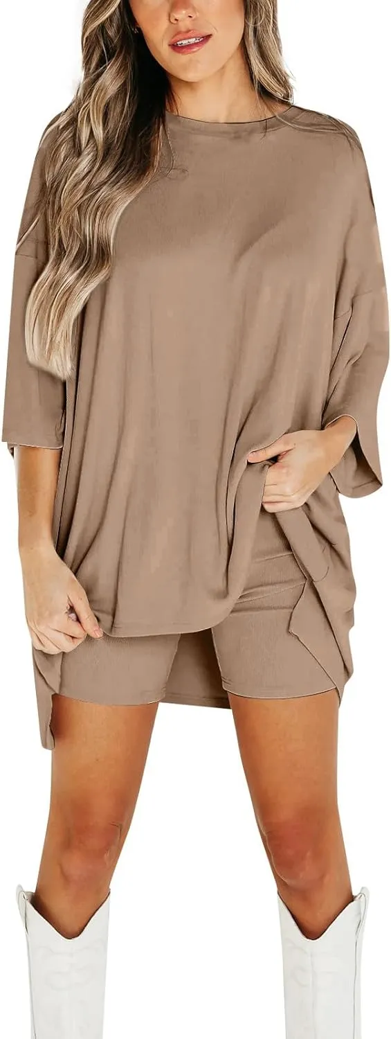 Two Piece Outfits for Women Summer Weekend Loungewear Sets Oversized Tee & Biker Short Set Ribbed Knitted Tracksuit