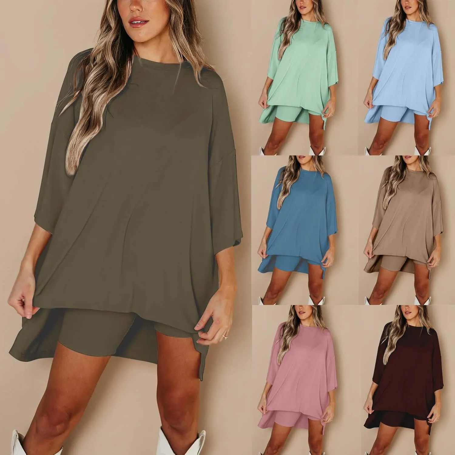 Two Piece Outfits for Women Summer Weekend Loungewear Sets Oversized Tee & Biker Short Set Ribbed Knitted Tracksuit