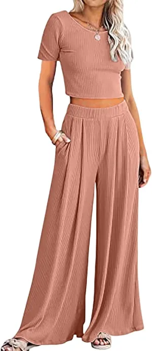 Two Piece Pants Set for Women Ribbed Kint Cropped Tops Matching Set Loungewear Sets Tracksuit