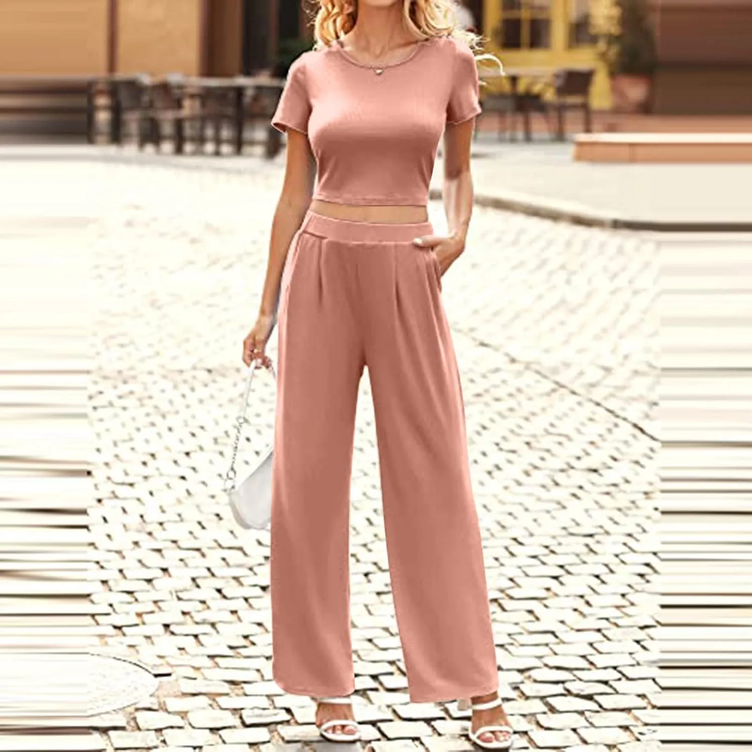Two Piece Pants Set for Women Ribbed Kint Cropped Tops Matching Set Loungewear Sets Tracksuit