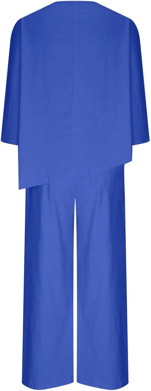 Two Piece Sets for Women Plus Size Cotton Linen Outfits V Neck Half Sleeve Single Breasted Top and Wide Leg Pants