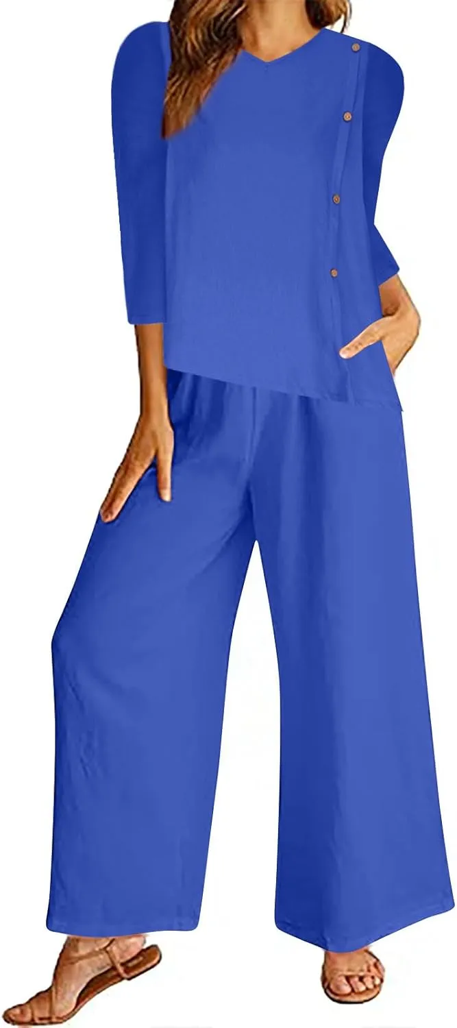 Two Piece Sets for Women Plus Size Cotton Linen Outfits V Neck Half Sleeve Single Breasted Top and Wide Leg Pants
