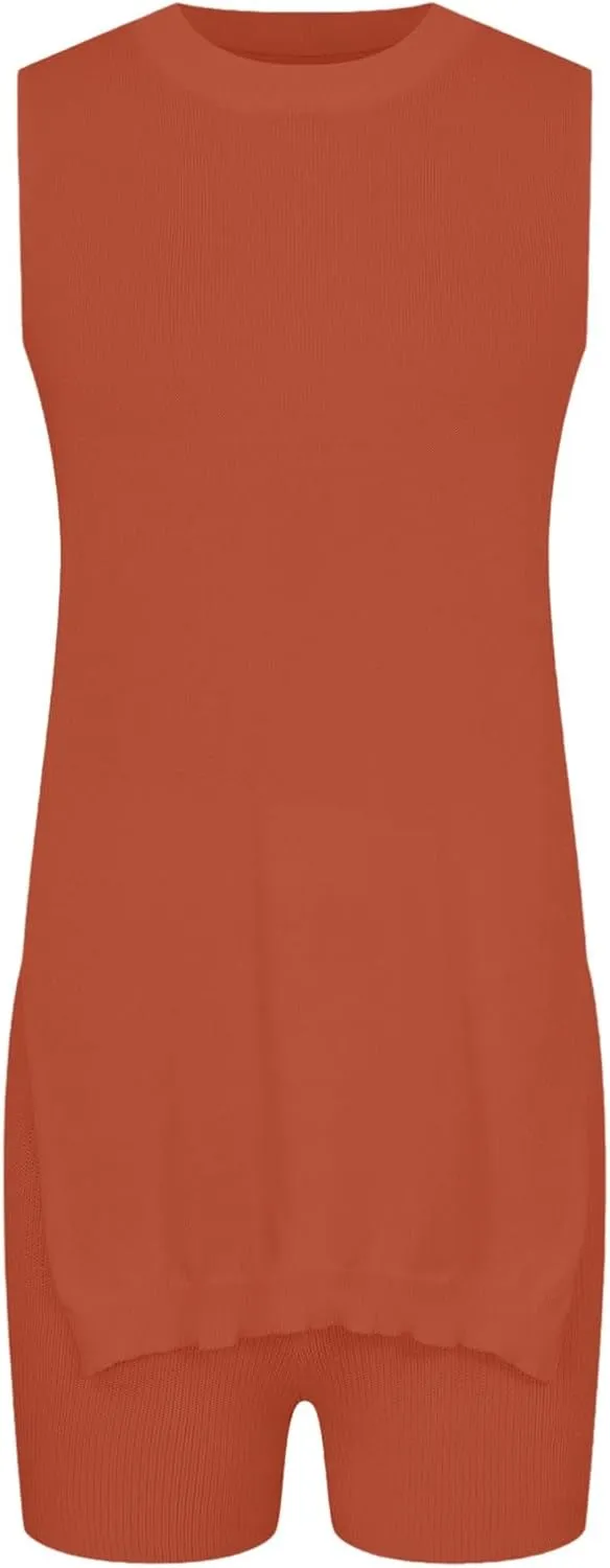 Two Piece Sets for Women Shorts Casual Sleeveless Knit Tank Tops Summer Outfits Side Slit Comfy Matching Lounge Set