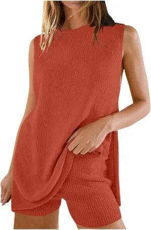 Two Piece Sets for Women Shorts Casual Sleeveless Knit Tank Tops Summer Outfits Side Slit Comfy Matching Lounge Set
