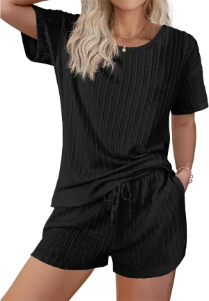 Two Piece Short Set for Women Casual Short Sleeve Sleepwear and Drawstring Shorts Summer Loungewear Sets