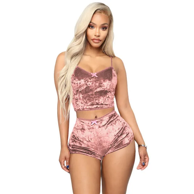 Two Piece Sleeveless Velvet Spaghetti Strap Suit