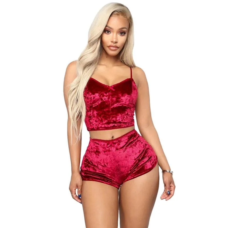 Two Piece Sleeveless Velvet Spaghetti Strap Suit