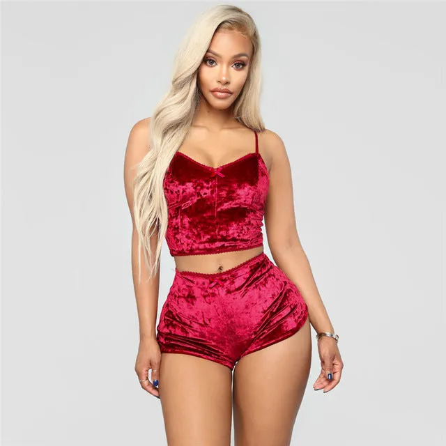 Two Piece Sleeveless Velvet Spaghetti Strap Suit