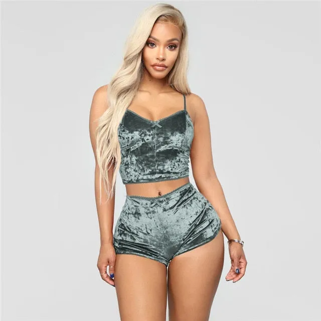 Two Piece Sleeveless Velvet Spaghetti Strap Suit