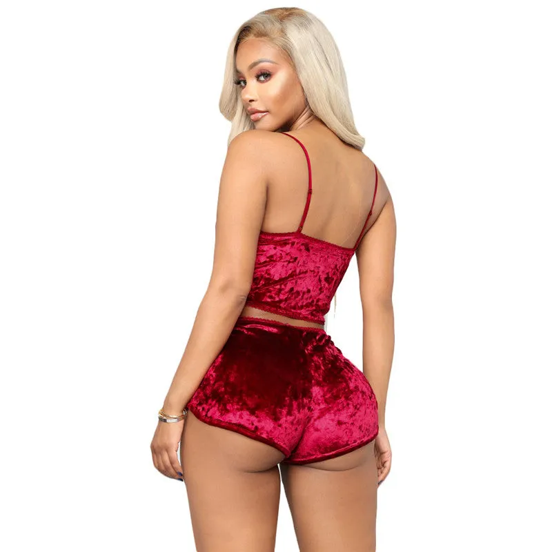 Two Piece Sleeveless Velvet Spaghetti Strap Suit