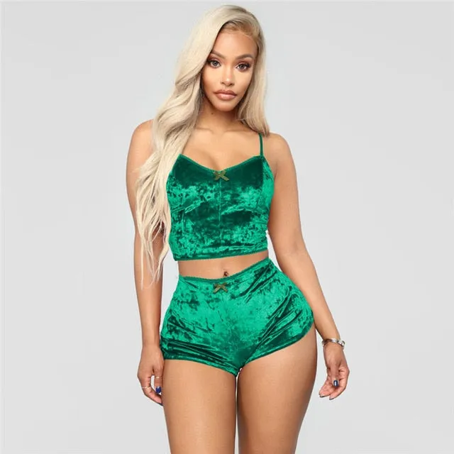 Two Piece Sleeveless Velvet Spaghetti Strap Suit