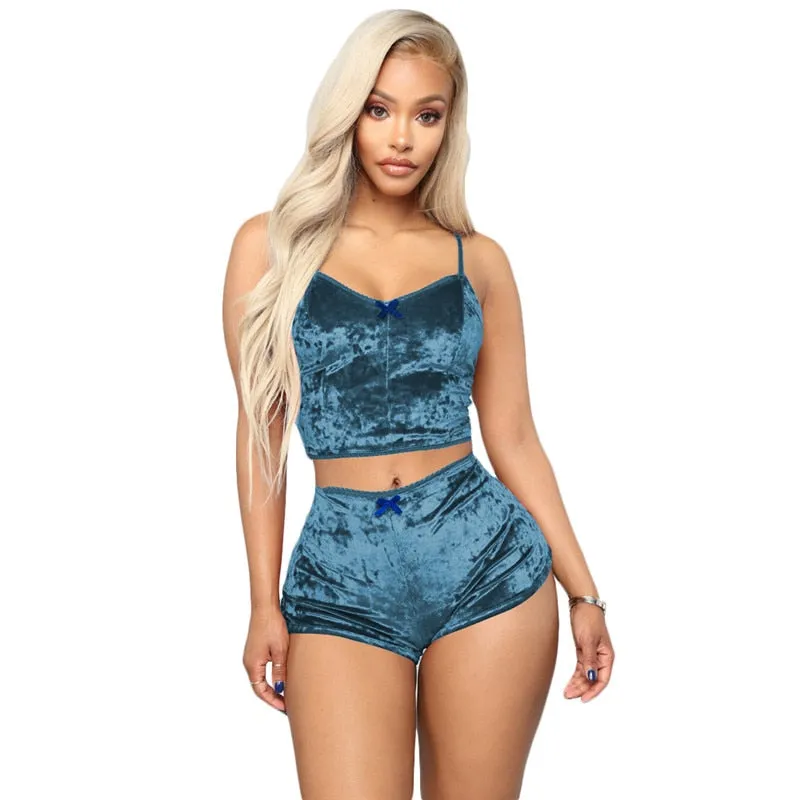 Two Piece Sleeveless Velvet Spaghetti Strap Suit