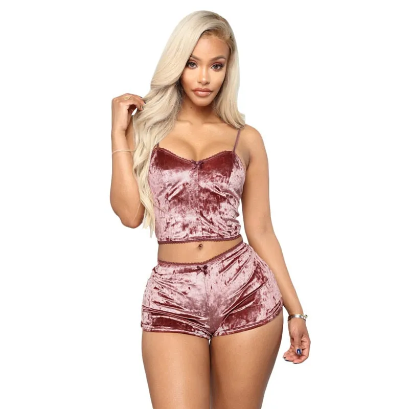 Two Piece Sleeveless Velvet Spaghetti Strap Suit