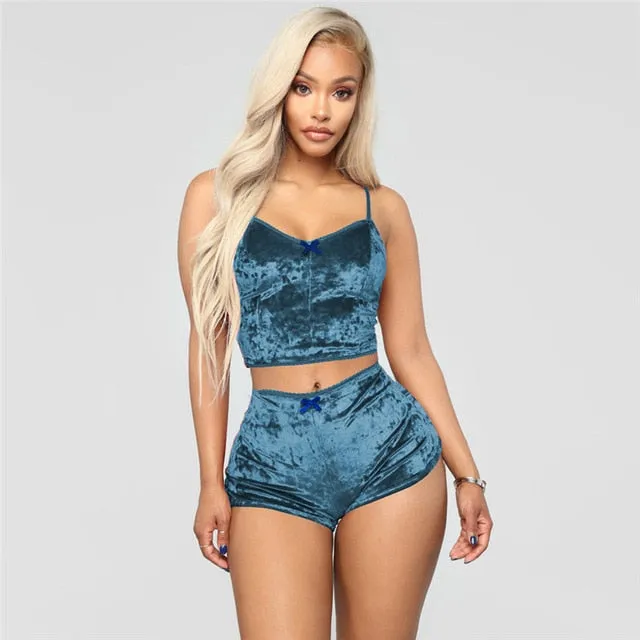 Two Piece Sleeveless Velvet Spaghetti Strap Suit