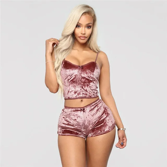 Two Piece Sleeveless Velvet Spaghetti Strap Suit