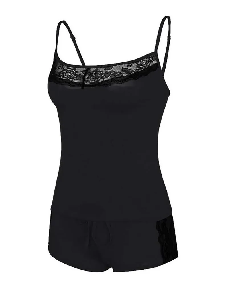 U Neck Spaghetti Strap Crochet Lace Cami Set