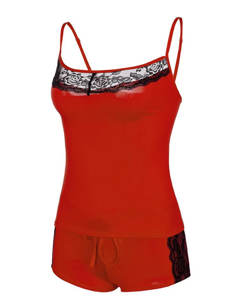 U Neck Spaghetti Strap Crochet Lace Cami Set