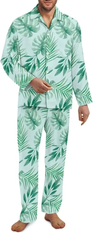 Uasibuni Men's Knit Pjs Top and Pant Sleep Set Men 2 Piece Long Sleeve Pjs Set for Men Sleepwear