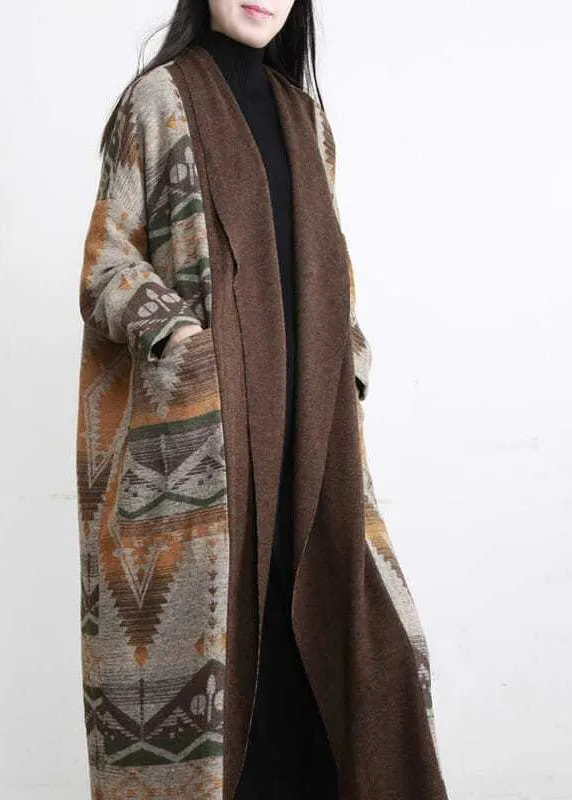 Unique Khaki Oversized Patchwork Print Wool Loose Cardigan Fall