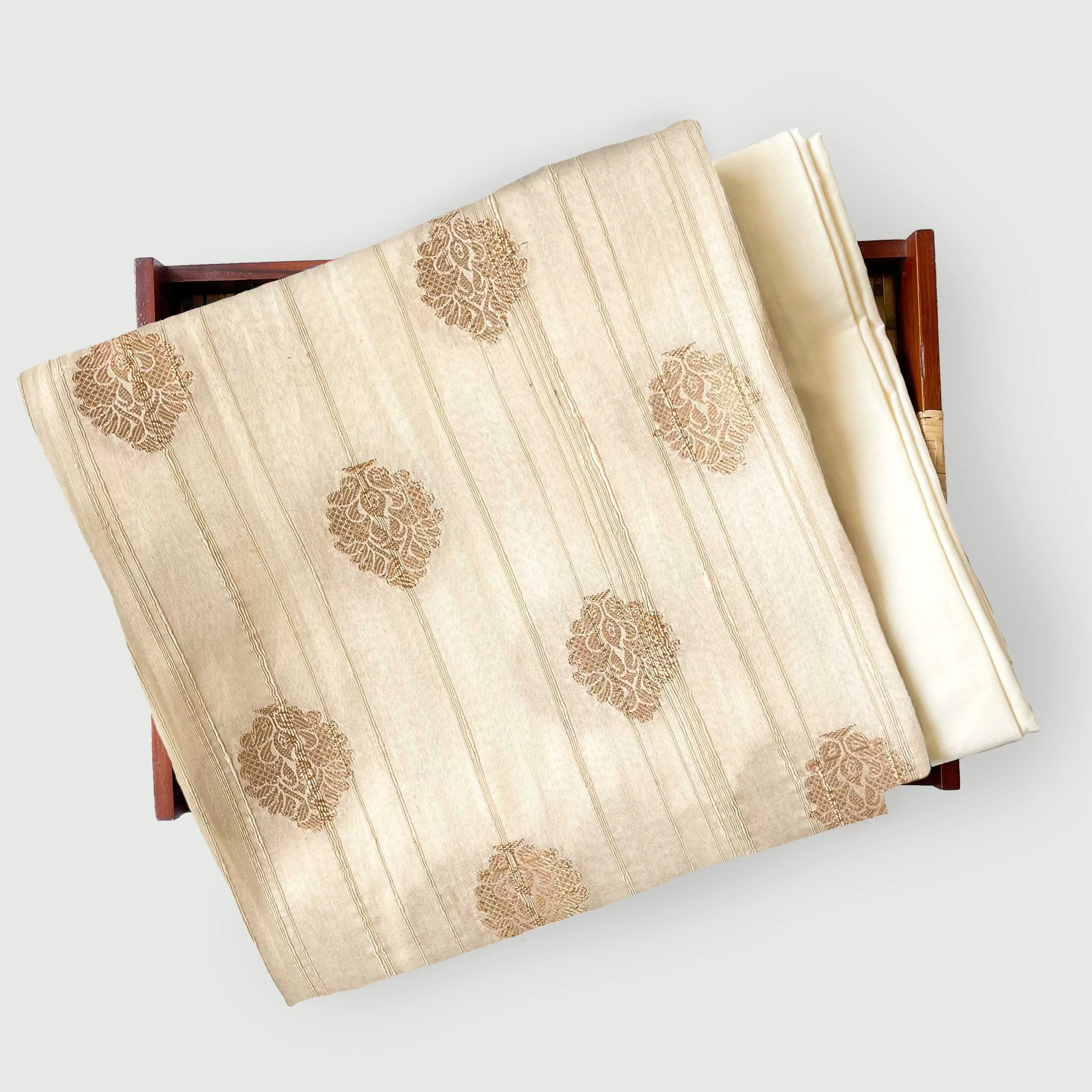 Unisex Floral Beige | Woven Tussar Silk Kurta Fabric (3 Meters) | And Cotton Pyjama (2.5 Meters) | Unstitched Combo Set
