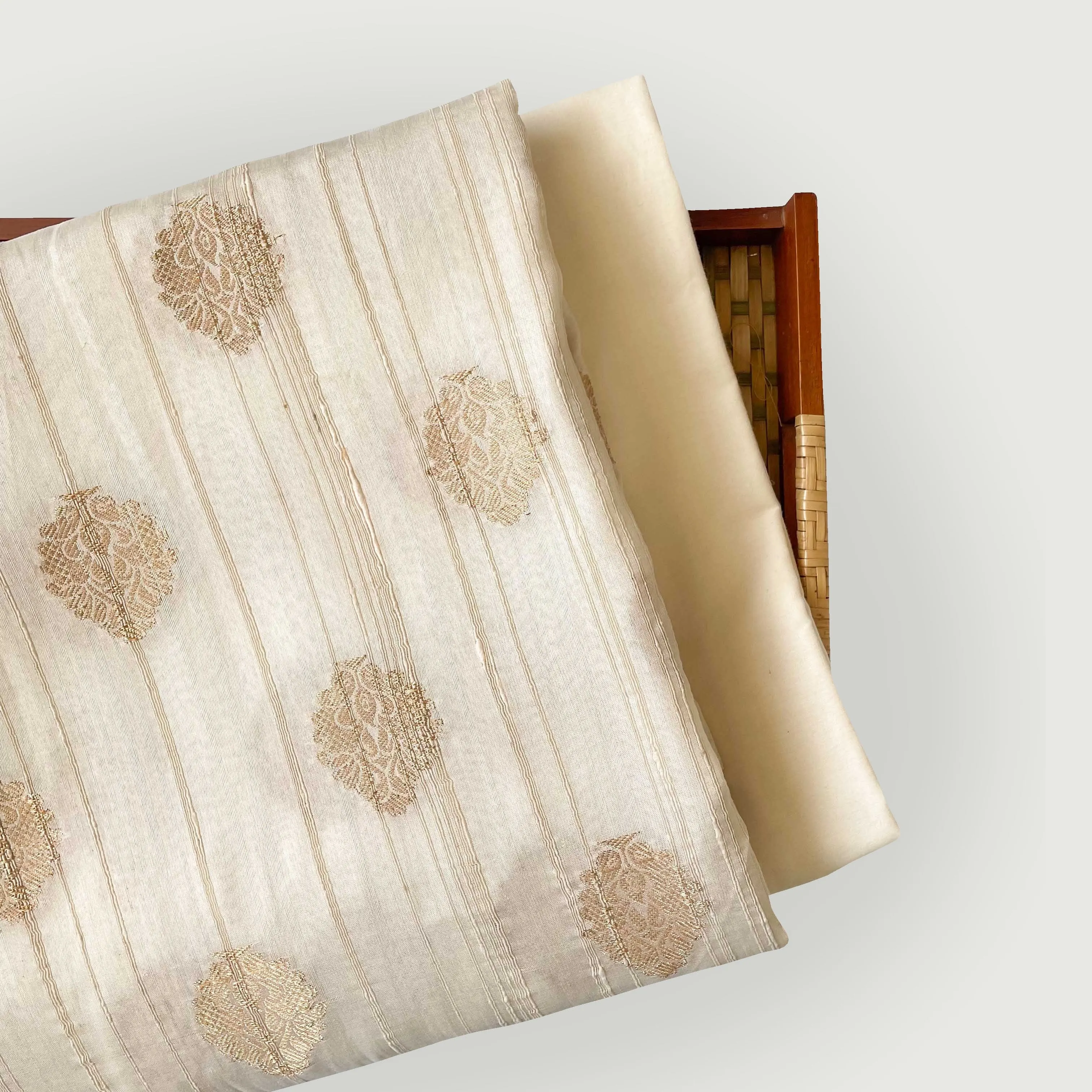 Unisex Floral Beige | Woven Tussar Silk Kurta Fabric (3 Meters) | And Cotton Pyjama (2.5 Meters) | Unstitched Combo Set