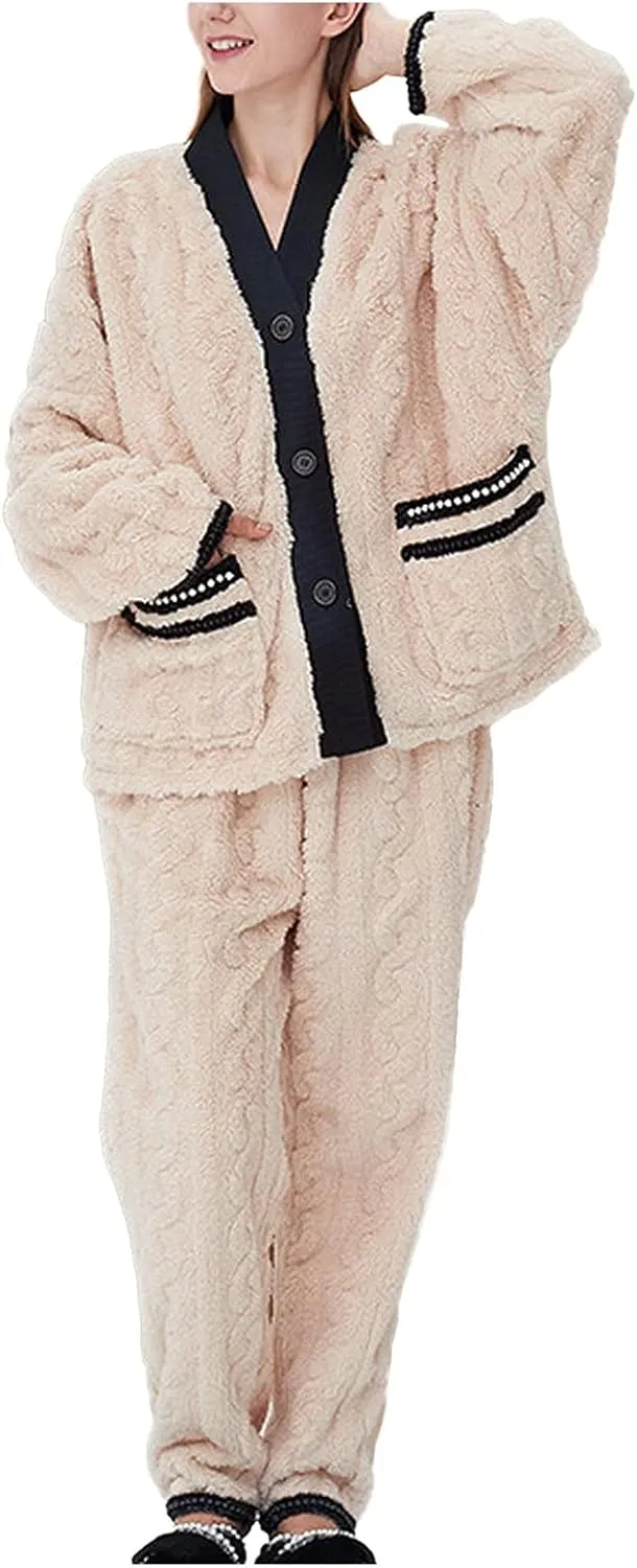 Unisex Women Sleepwear Sets Winter Flannel Print Warm Pajamas Suit Long Sleeve V Neck Top And Long Pants Soft for Ladies