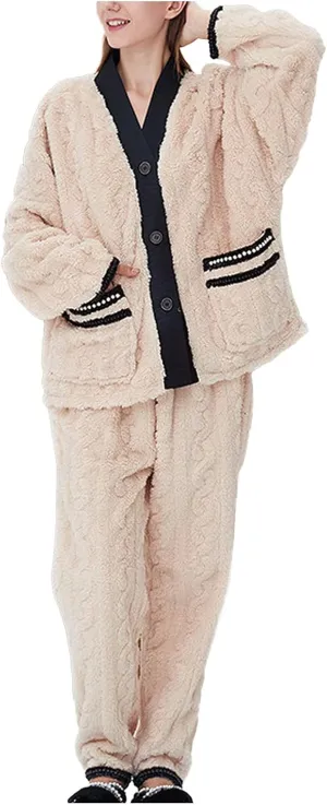 Unisex Women Sleepwear Sets Winter Flannel Print Warm Pajamas Suit Long Sleeve V Neck Top And Long Pants Soft for Ladies