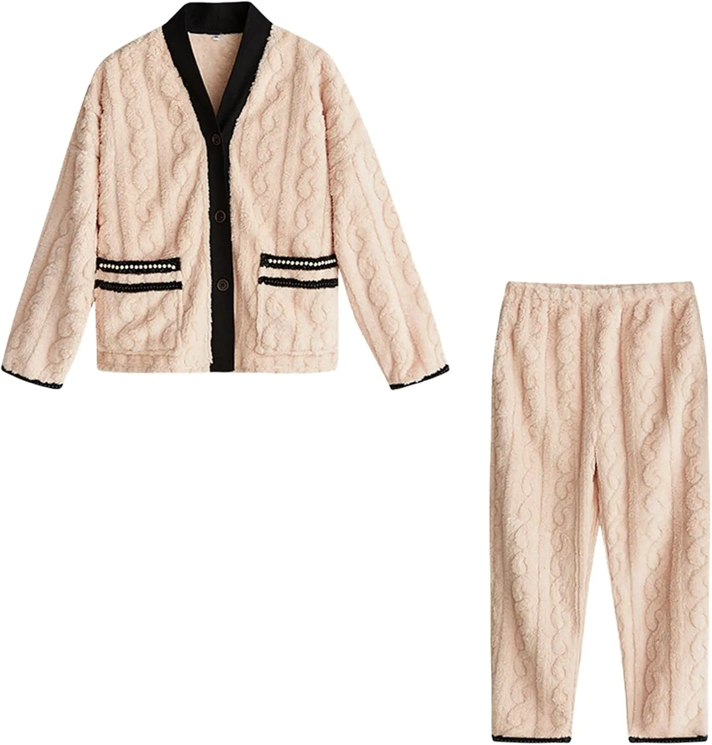 Unisex Women Sleepwear Sets Winter Flannel Print Warm Pajamas Suit Long Sleeve V Neck Top And Long Pants Soft for Ladies