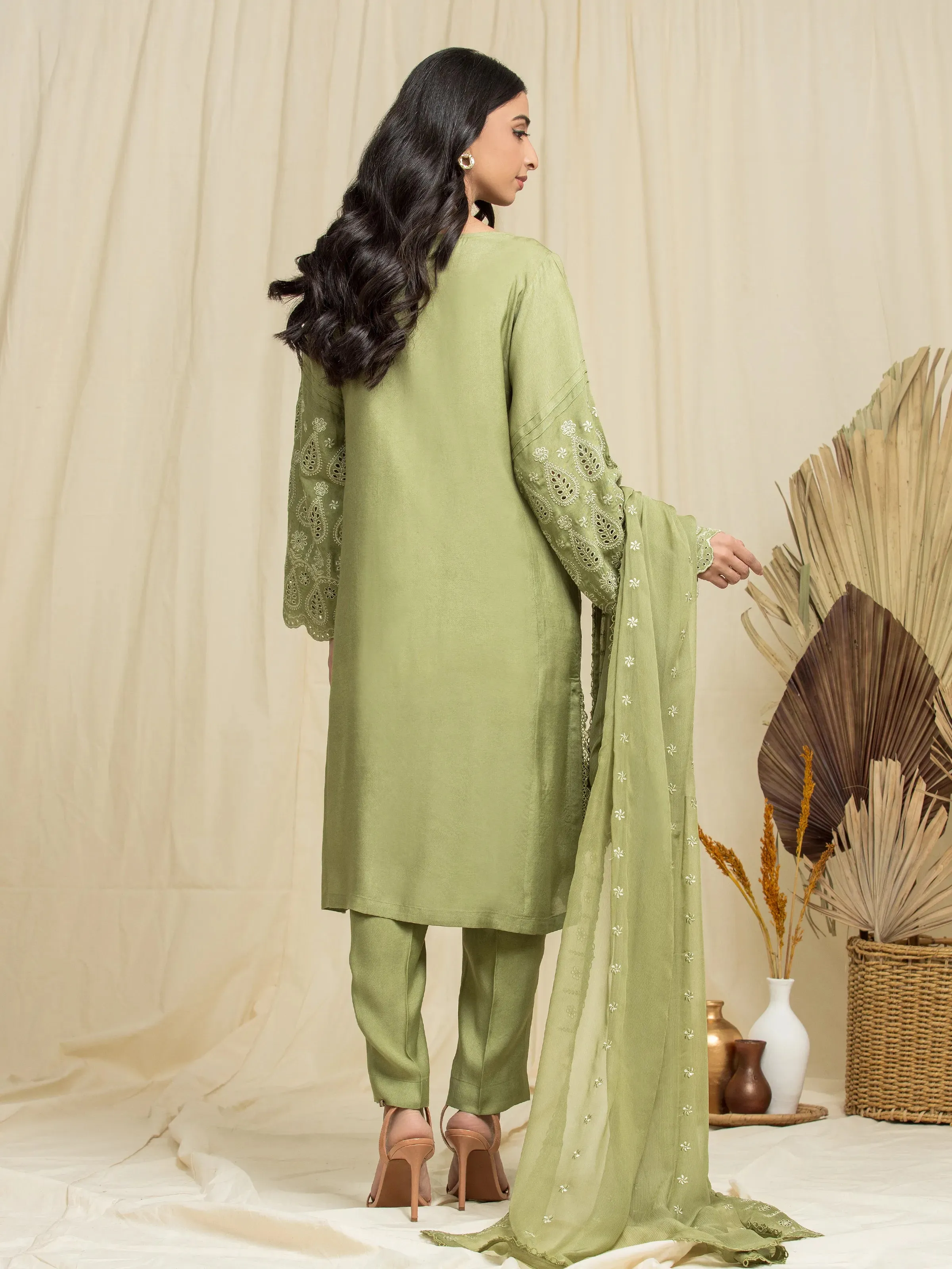 Unstitched Olive Green Embroidered Raw Silk 3 Piece - EWU24V16-30101