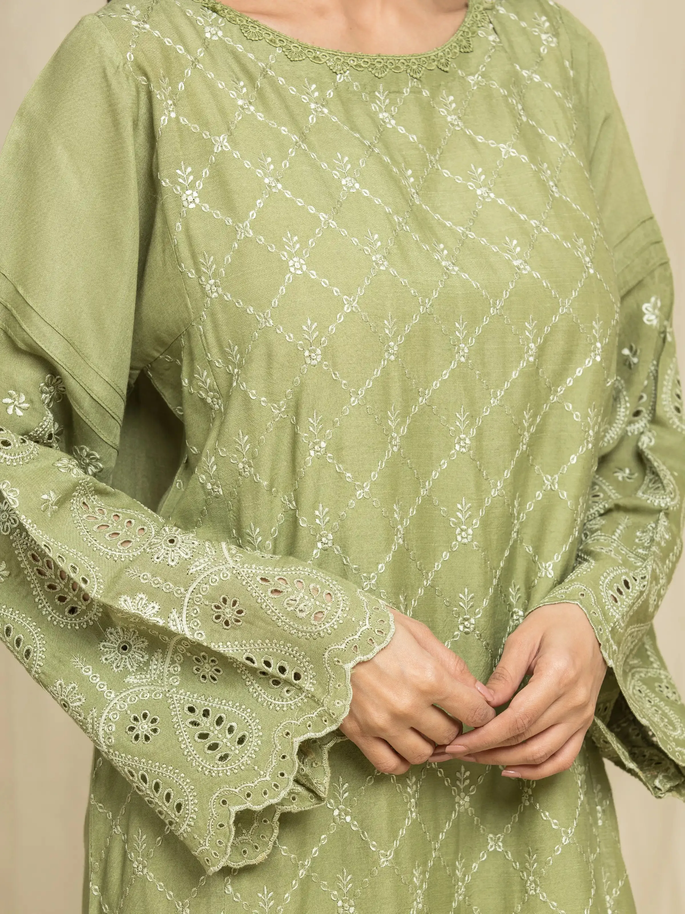 Unstitched Olive Green Embroidered Raw Silk 3 Piece - EWU24V16-30101
