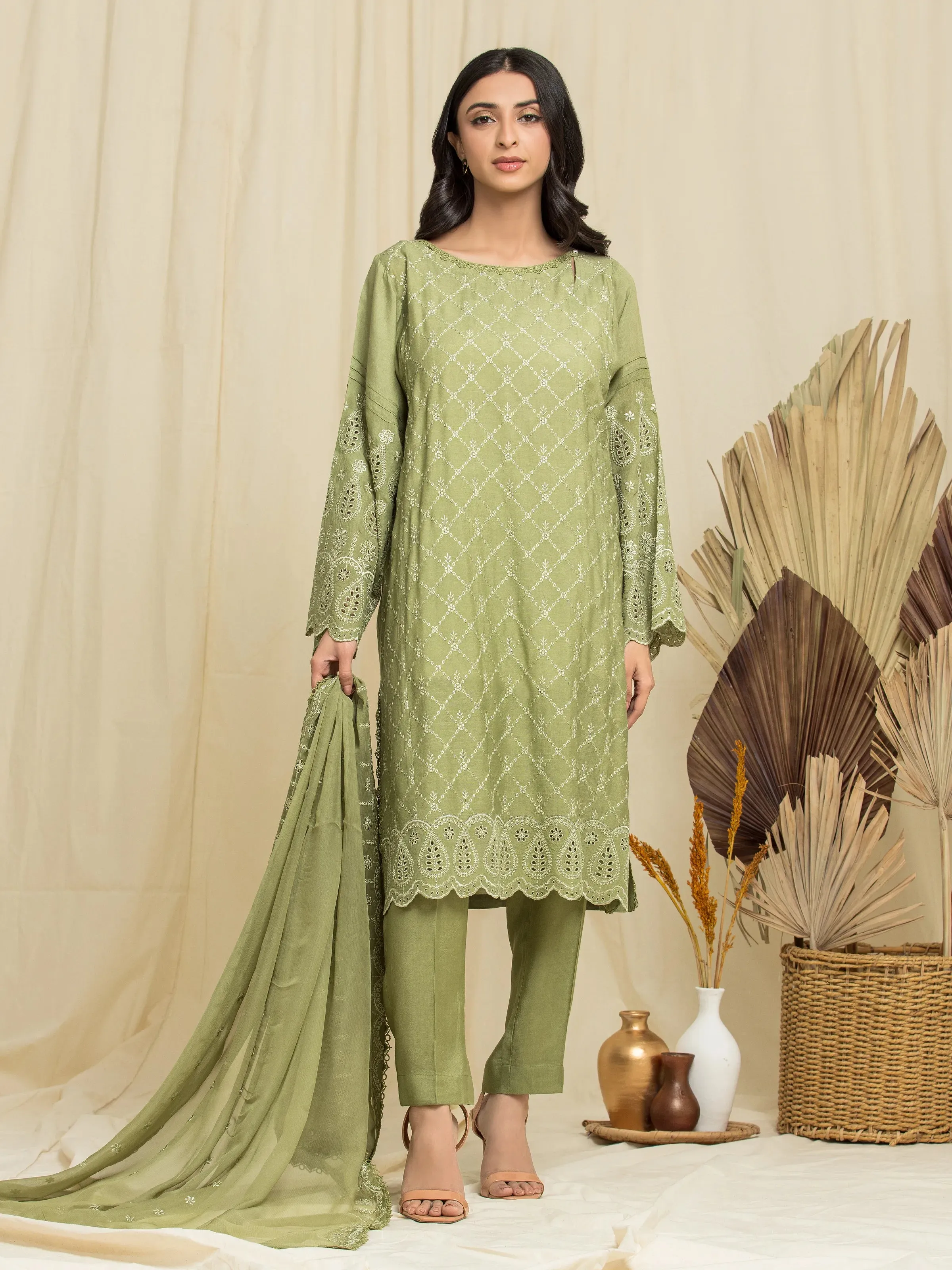 Unstitched Olive Green Embroidered Raw Silk 3 Piece - EWU24V16-30101