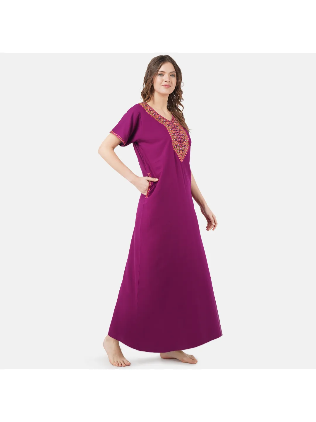 V-shaped Embroidery Night Gown